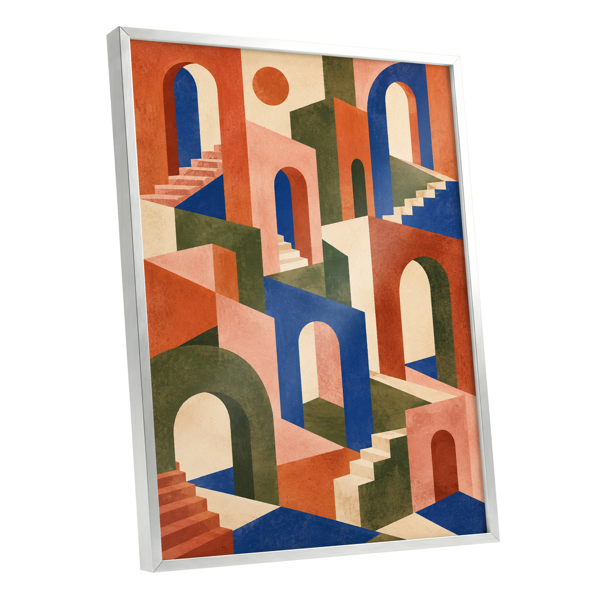 The Colour Arcade, blue, green, orange abstract wall art shown as a silver framed poster wall art print