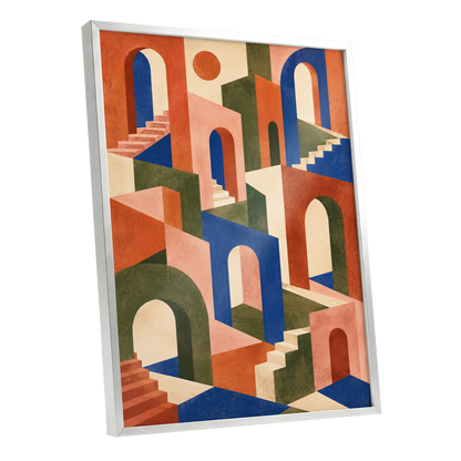 The Colour Arcade, blue, green, orange abstract wall art shown as a silver framed poster wall art print
