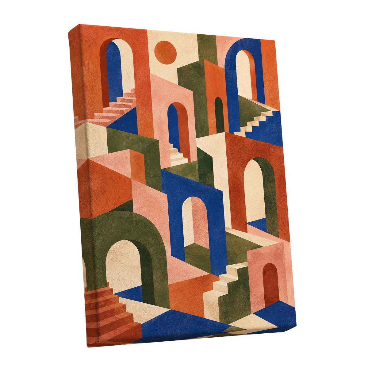 The Colour Arcade, blue, green, orange abstract wall art shown as a stretched canvas wall art