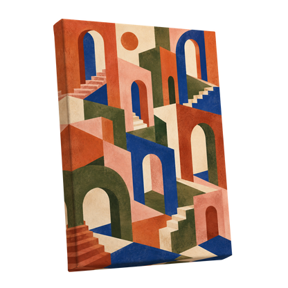The Colour Arcade, blue, green, orange abstract wall art shown as a stretched canvas wall art