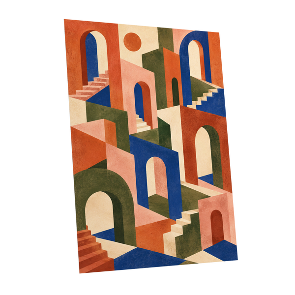 The Colour Arcade, blue, green, orange abstract wall art shown as a unframed poster wall art print