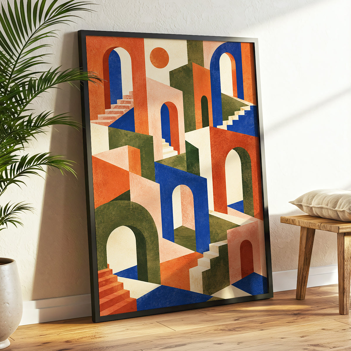 The Colour Arcade, blue, green, orange abstract wall art displayed in a styled interior, gallery view 2