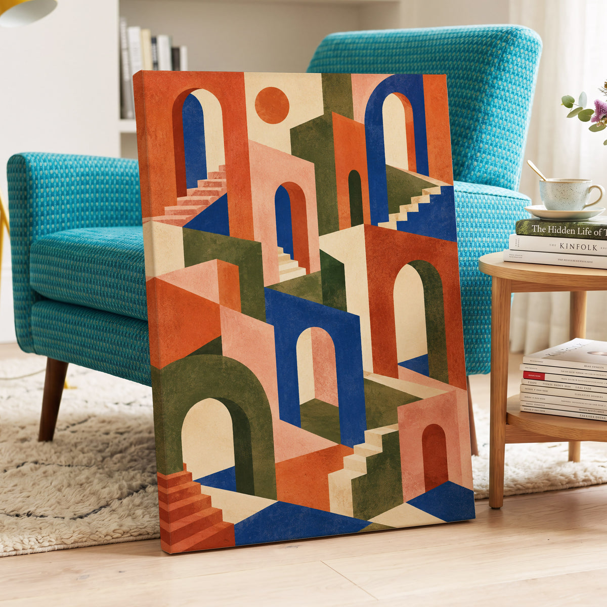 The Colour Arcade, blue, green, orange abstract wall art displayed in a styled interior, gallery view 3