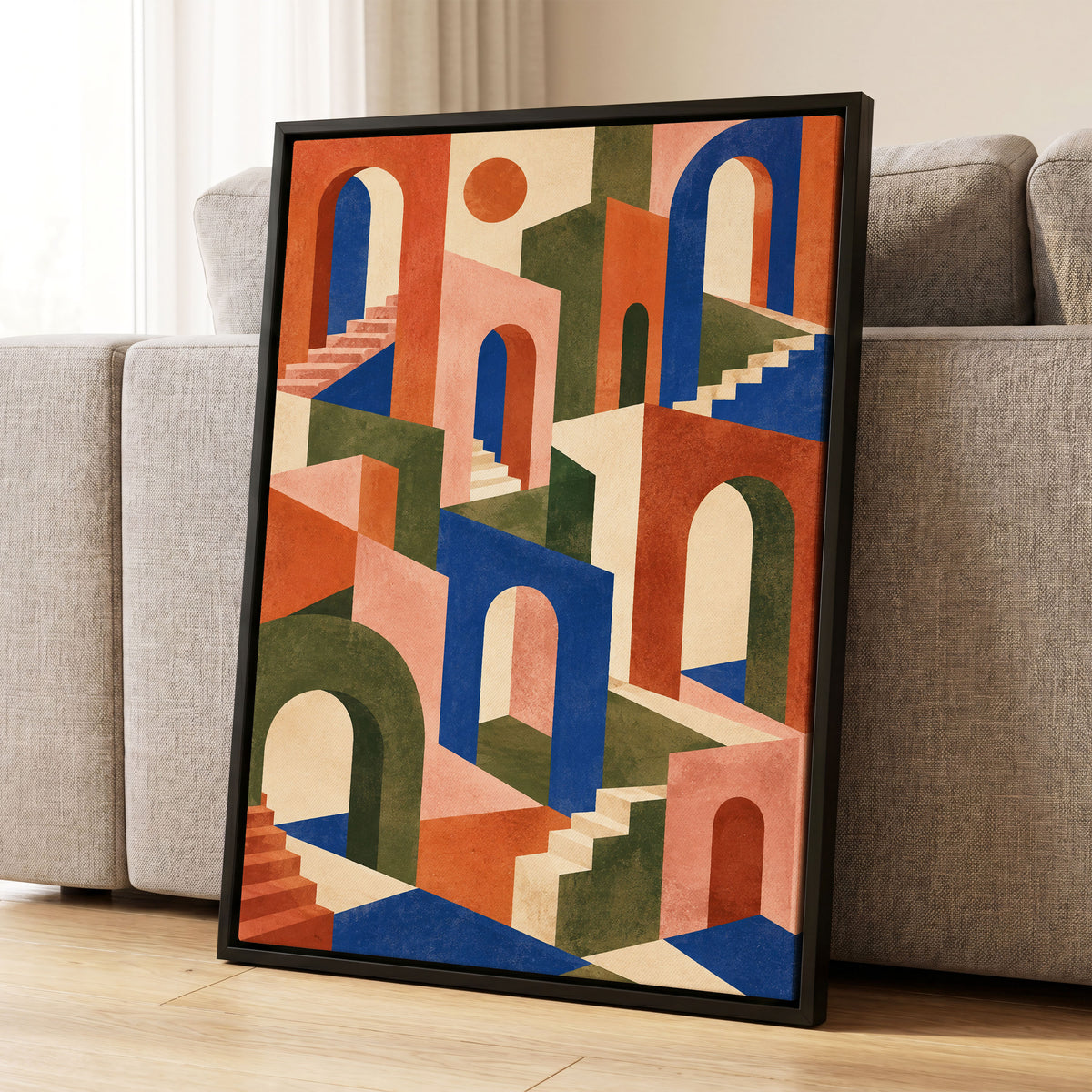 The Colour Arcade, blue, green, orange abstract wall art displayed in a styled interior, gallery view 4