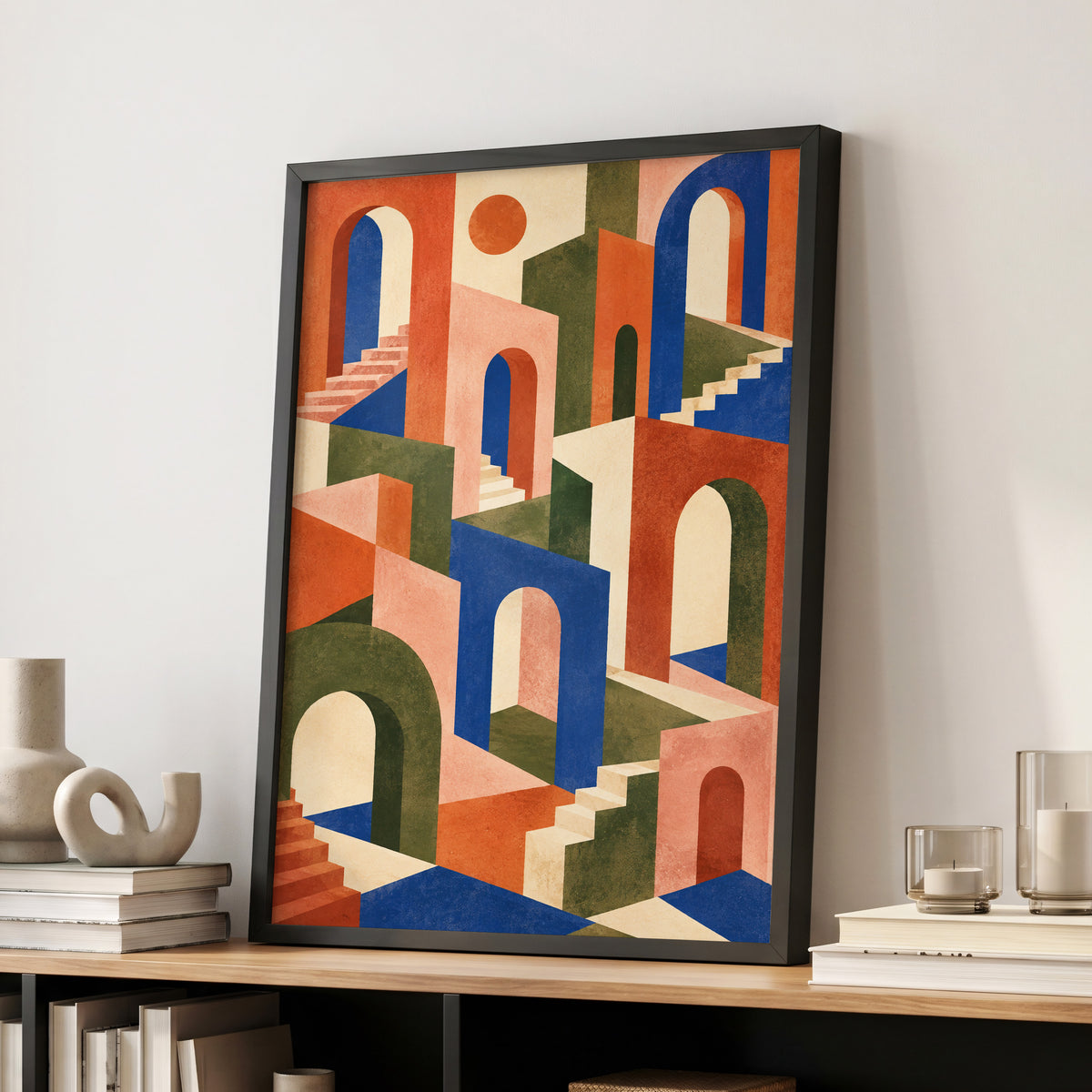 The Colour Arcade, blue, green, orange abstract wall art displayed in a styled interior, gallery view 6