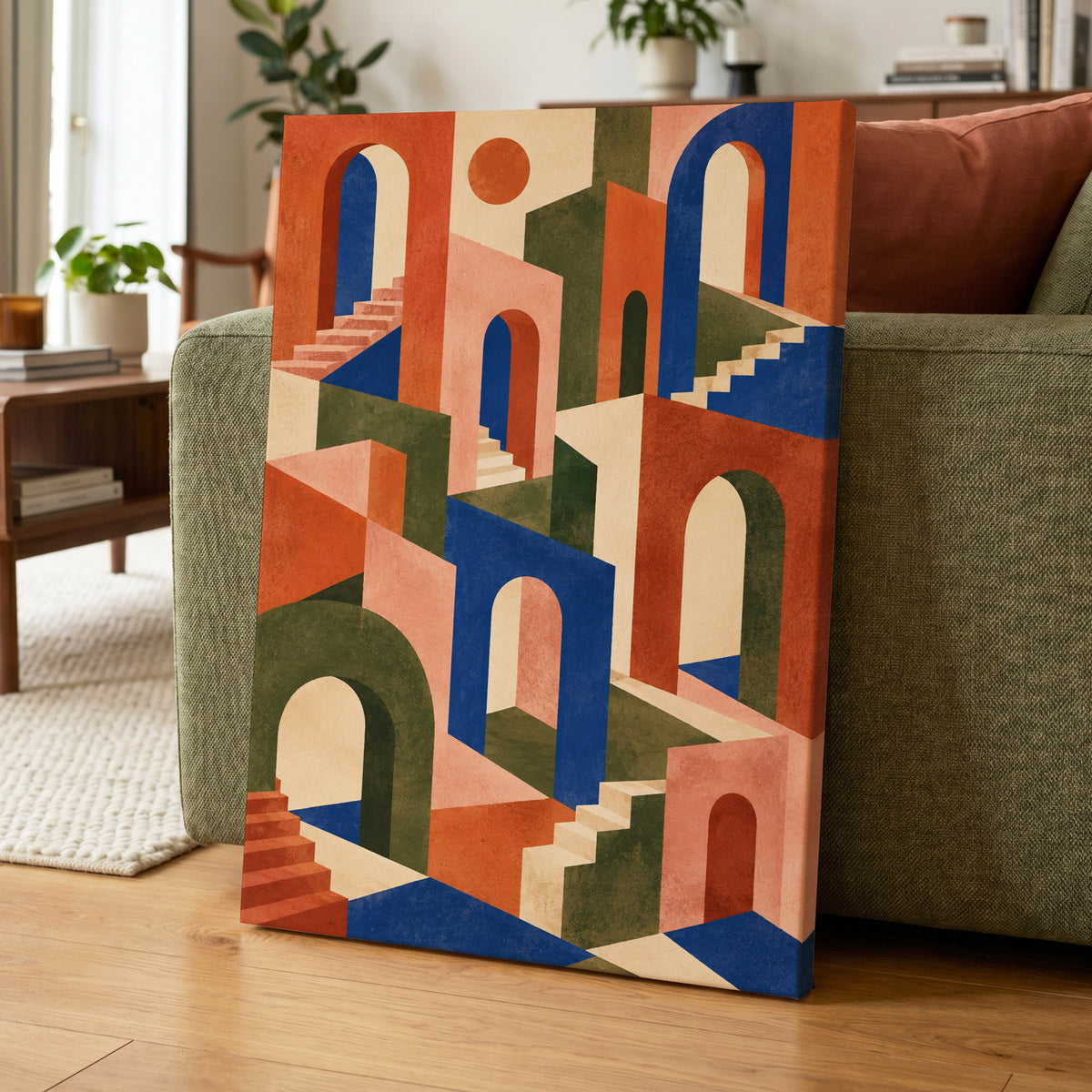 The Colour Arcade, blue, green, orange abstract wall art displayed in a styled interior, gallery view 7