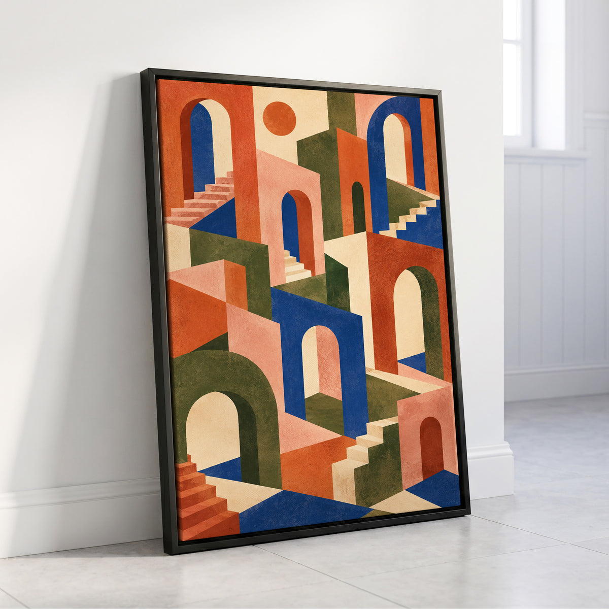 The Colour Arcade, blue, green, orange abstract wall art displayed in a styled interior, gallery view 8