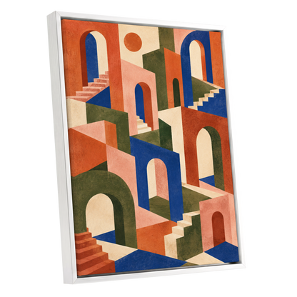 The Colour Arcade, blue, green, orange abstract wall art shown as a white framed canvas wall art