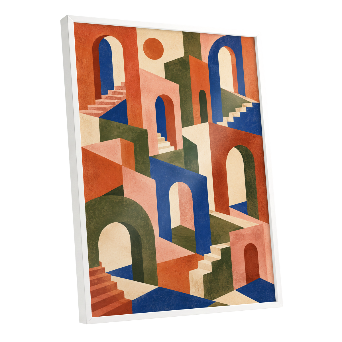 The Colour Arcade, blue, green, orange abstract wall art shown as a white framed poster wall art print