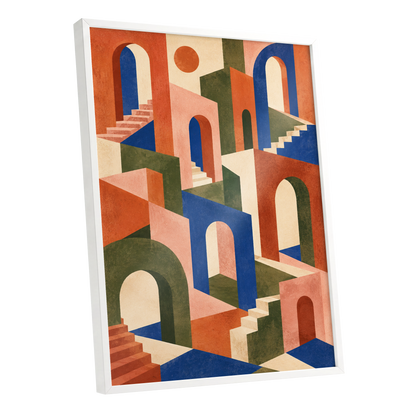 The Colour Arcade, blue, green, orange abstract wall art shown as a white framed poster wall art print