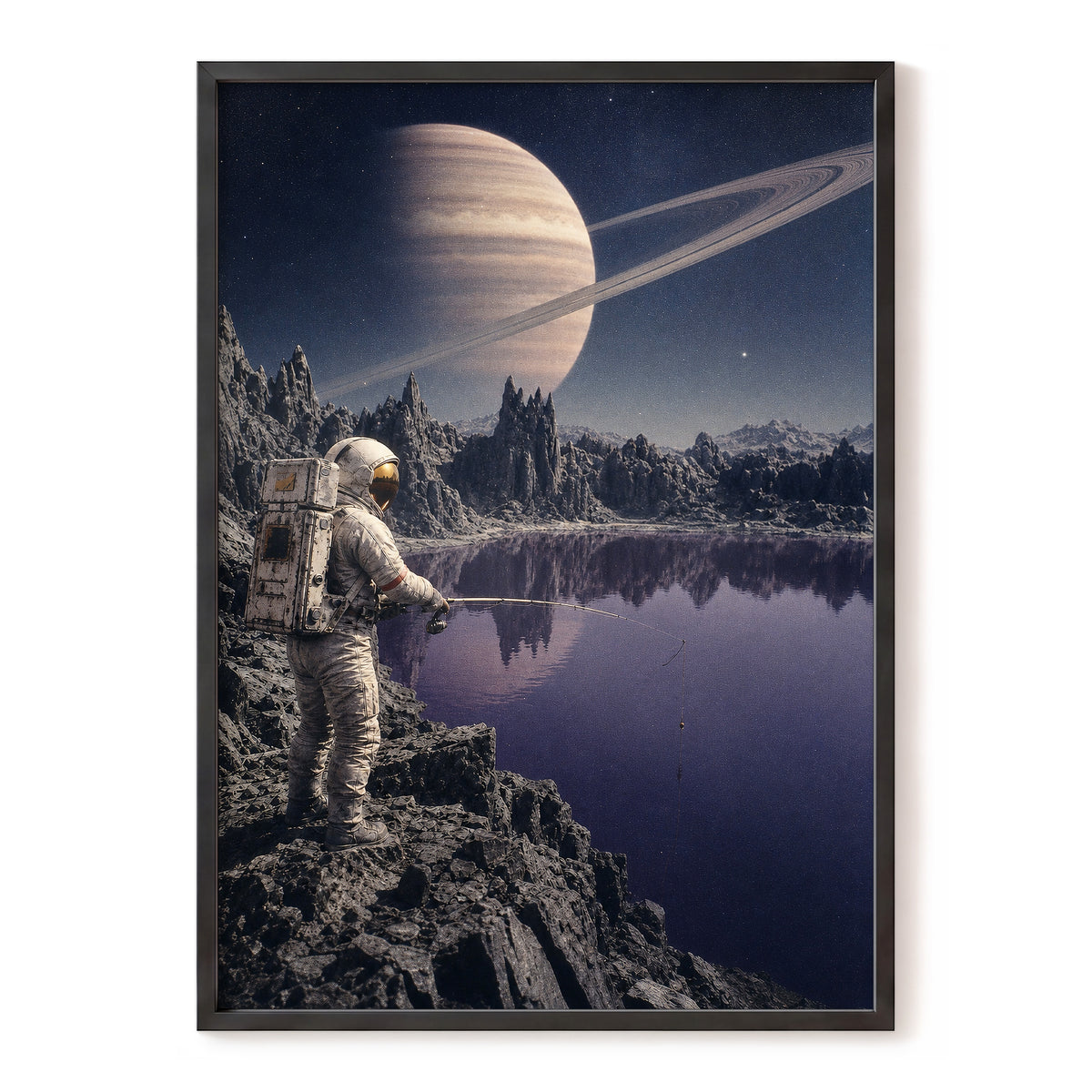 The Cosmic Angler, blue, gray, beige abstract wall art, front artwork view