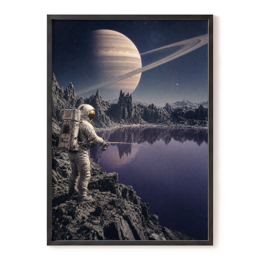 The Cosmic Angler, blue, gray, beige abstract wall art, front artwork view
