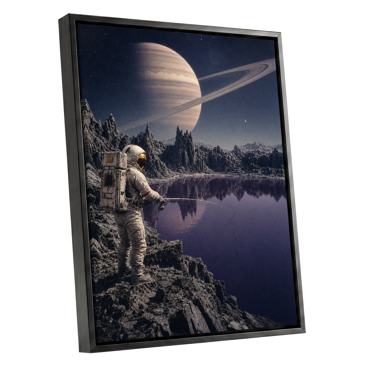 The Cosmic Angler, blue, gray, beige abstract wall art shown as a black framed canvas wall art
