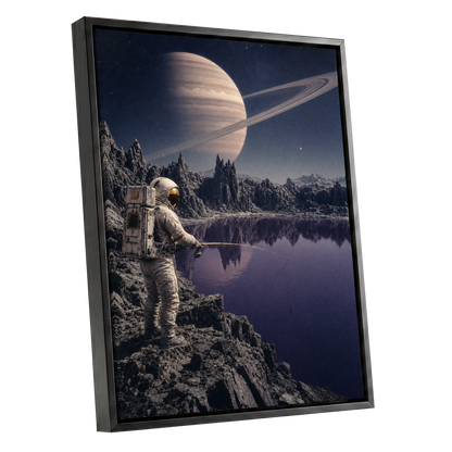 The Cosmic Angler, blue, gray, beige abstract wall art shown as a black framed canvas wall art