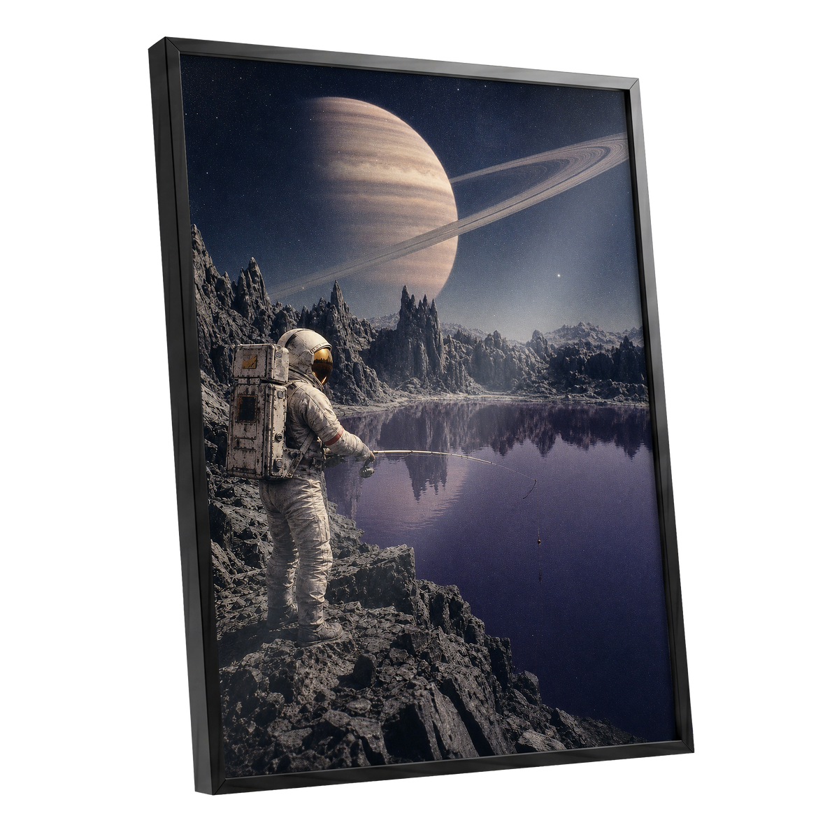The Cosmic Angler, blue, gray, beige abstract wall art shown as a black framed poster wall art print