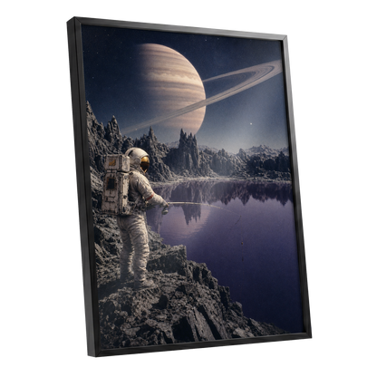 The Cosmic Angler, blue, gray, beige abstract wall art shown as a black framed poster wall art print