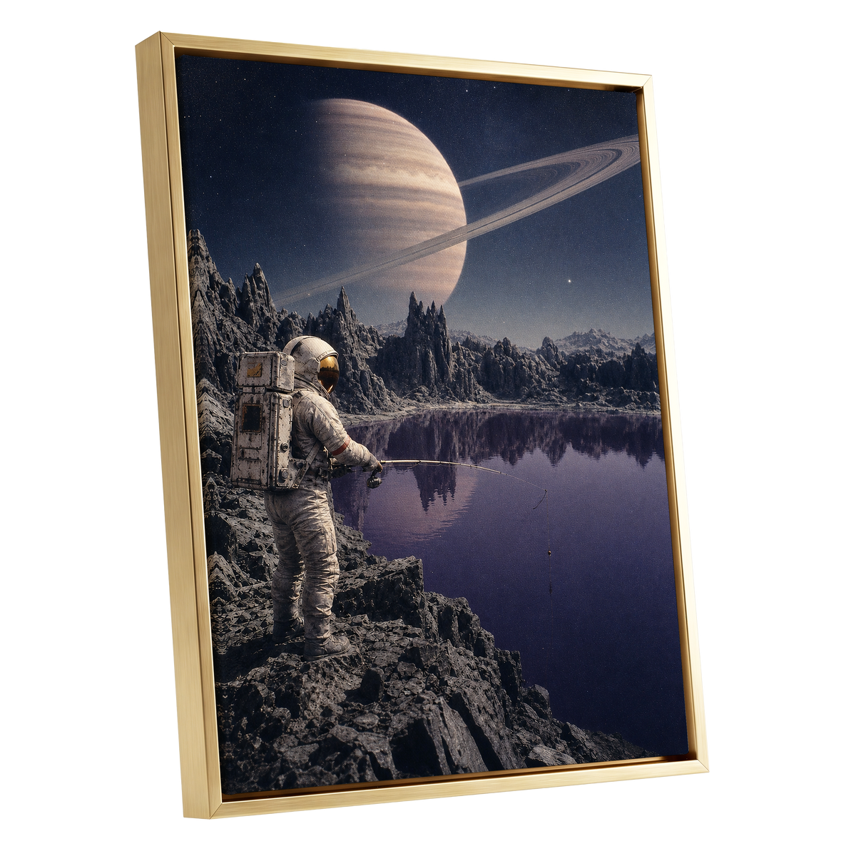 The Cosmic Angler, blue, gray, beige abstract wall art shown as a gold framed canvas wall art