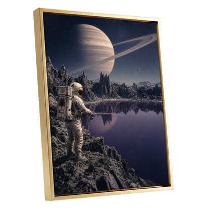 The Cosmic Angler, blue, gray, beige abstract wall art shown as a gold framed canvas wall art