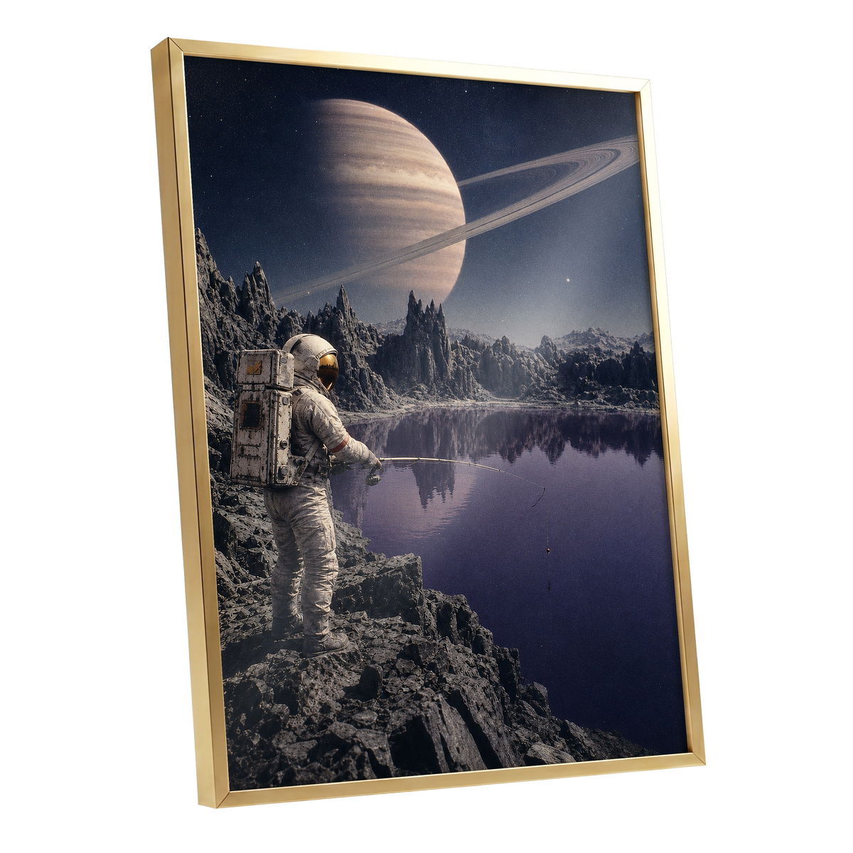 The Cosmic Angler, blue, gray, beige abstract wall art shown as a gold framed poster wall art print