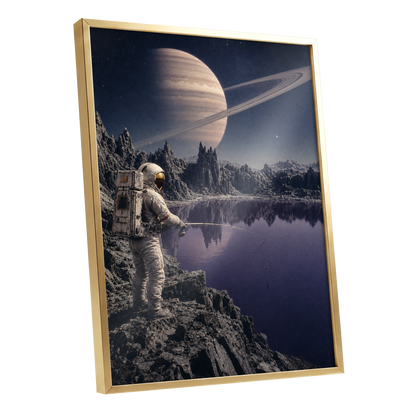 The Cosmic Angler, blue, gray, beige abstract wall art shown as a gold framed poster wall art print