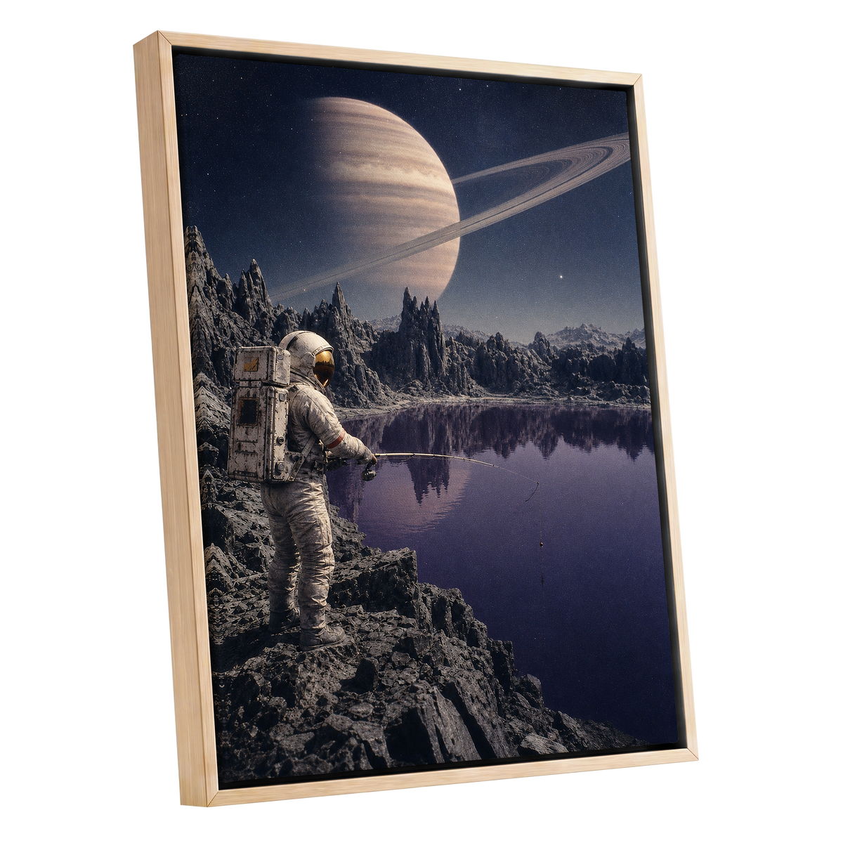 The Cosmic Angler, blue, gray, beige abstract wall art shown as a oak framed canvas wall art