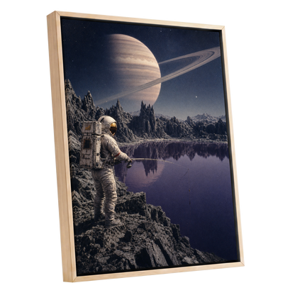 The Cosmic Angler, blue, gray, beige abstract wall art shown as a oak framed canvas wall art