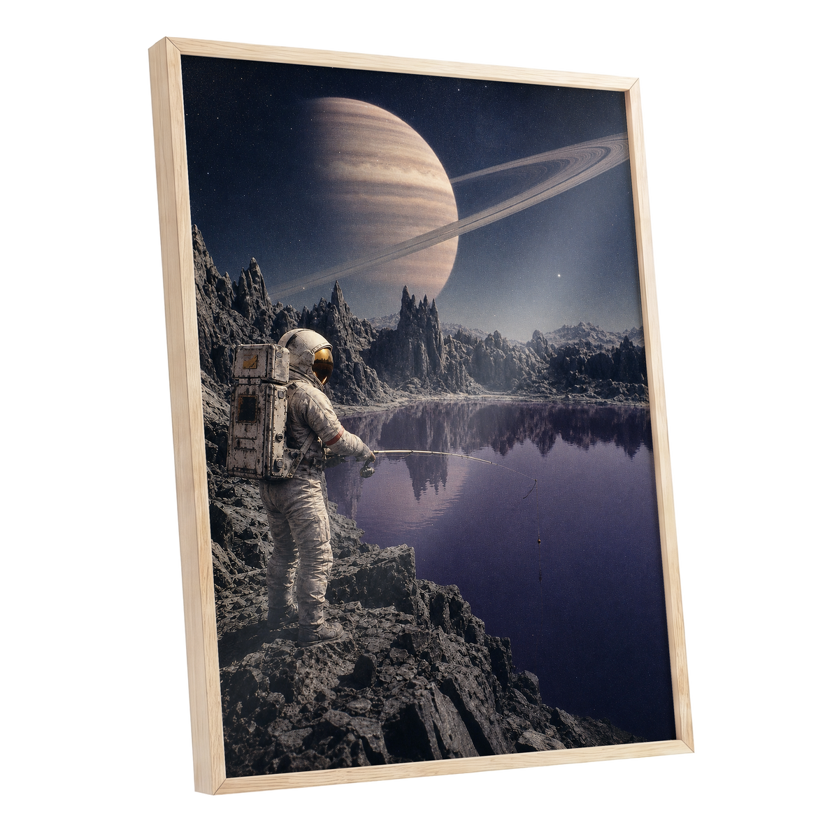 The Cosmic Angler, blue, gray, beige abstract wall art shown as a oak framed poster wall art print