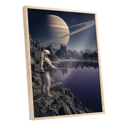 The Cosmic Angler, blue, gray, beige abstract wall art shown as a oak framed poster wall art print