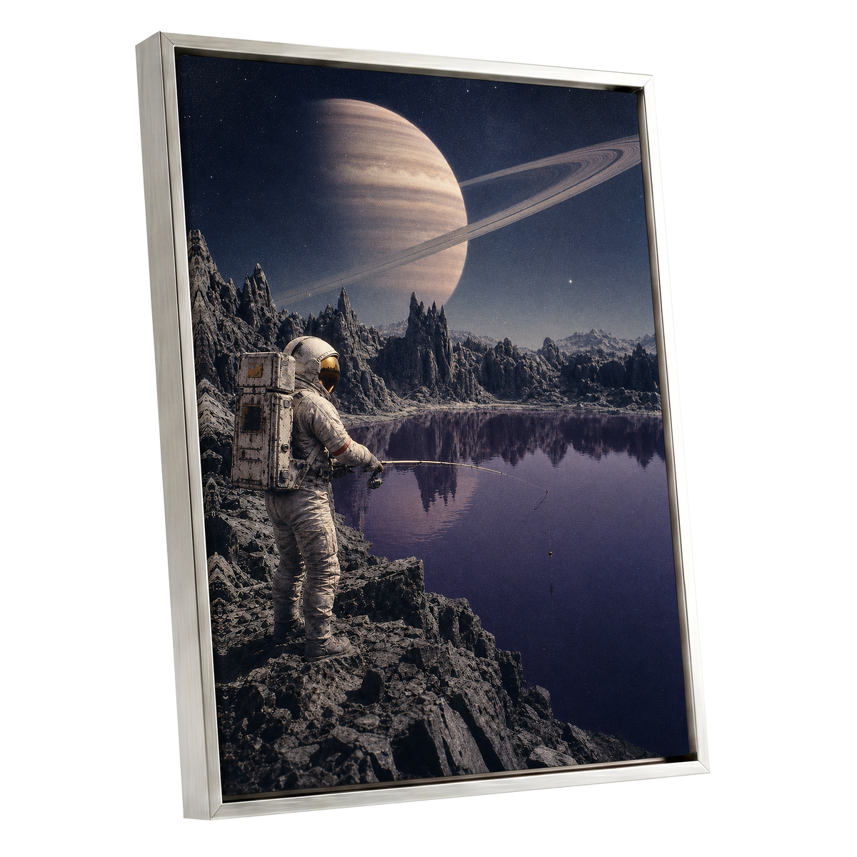 The Cosmic Angler, blue, gray, beige abstract wall art shown as a silver framed canvas wall art
