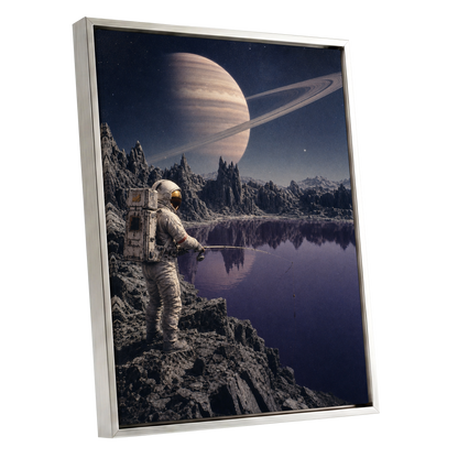 The Cosmic Angler, blue, gray, beige abstract wall art shown as a silver framed canvas wall art