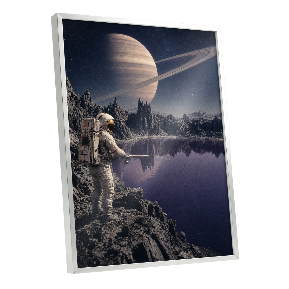 The Cosmic Angler, blue, gray, beige abstract wall art shown as a silver framed poster wall art print