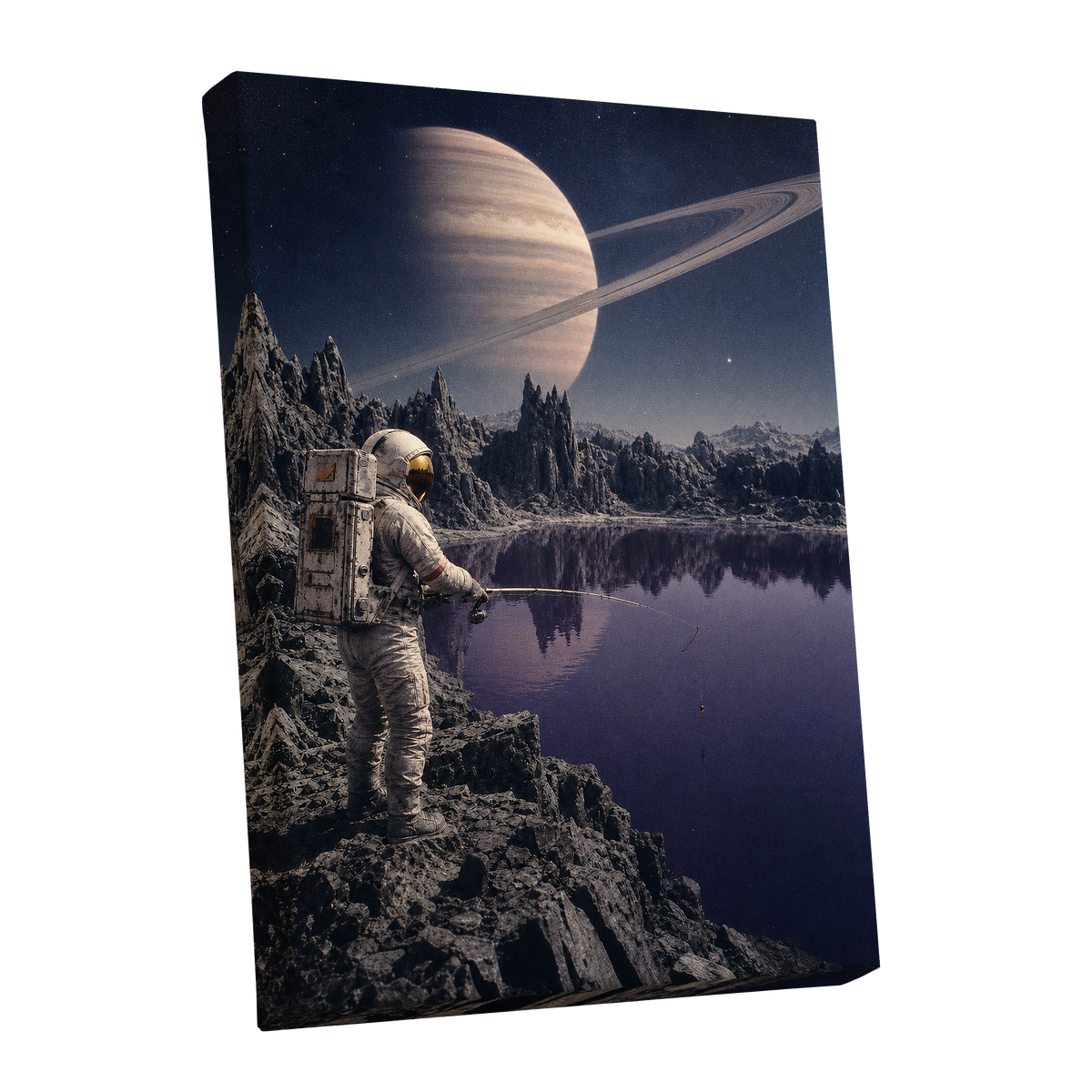 The Cosmic Angler, blue, gray, beige abstract wall art shown as a stretched canvas wall art