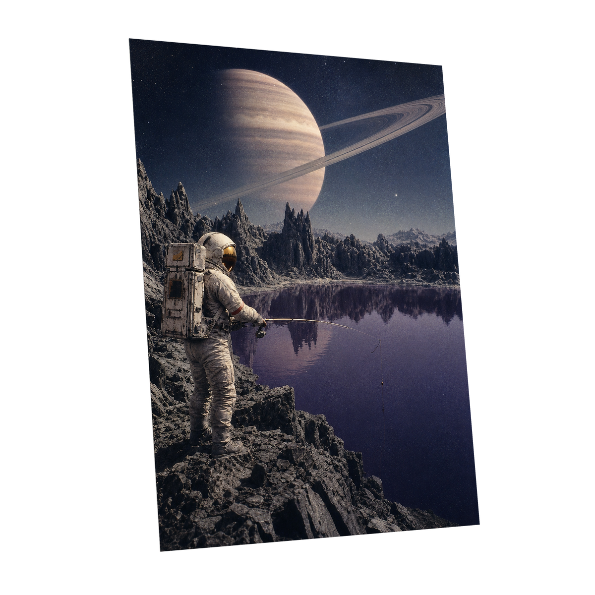 The Cosmic Angler, blue, gray, beige abstract wall art shown as a unframed poster wall art print