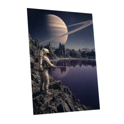 The Cosmic Angler, blue, gray, beige abstract wall art shown as a unframed poster wall art print