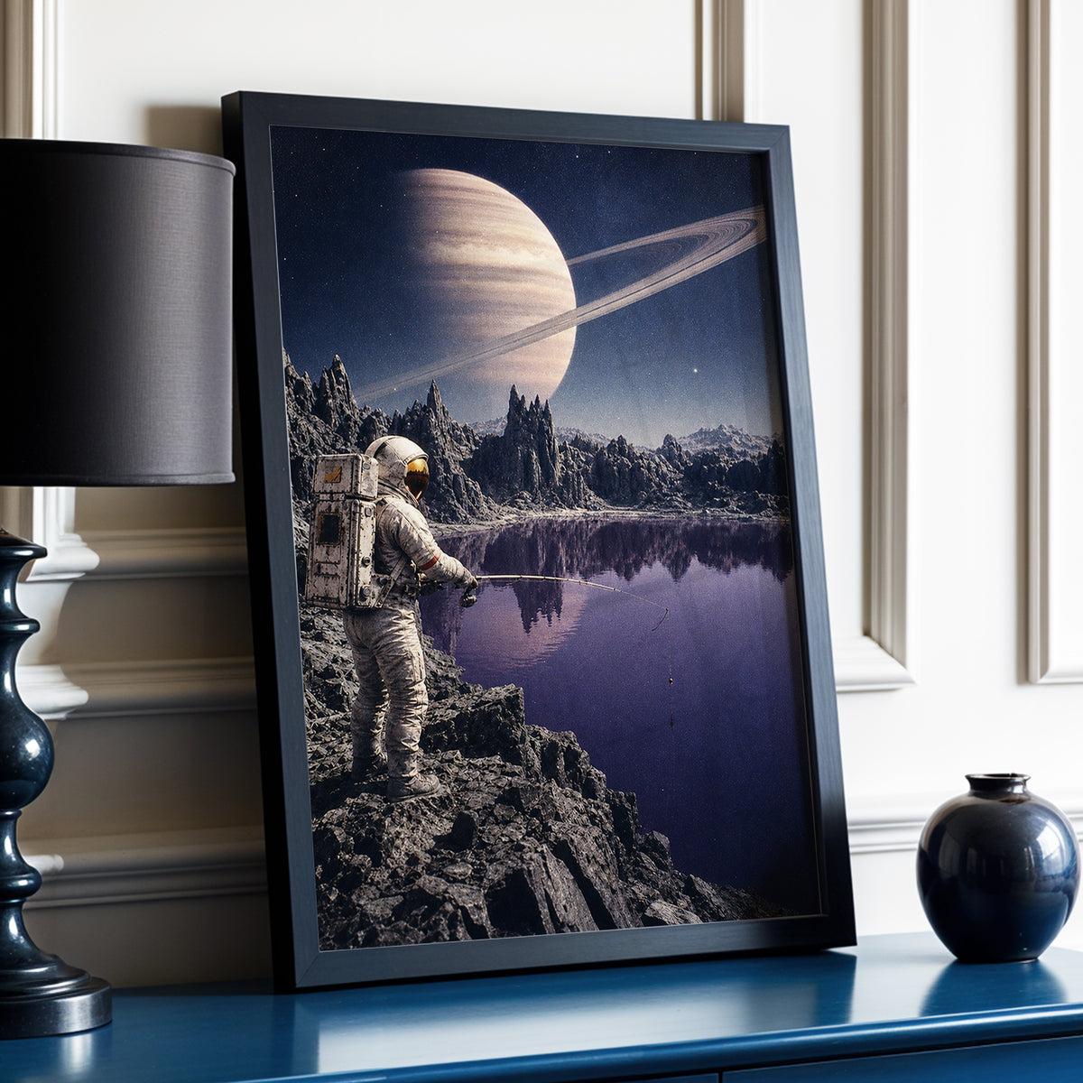 The Cosmic Angler, blue, gray, beige abstract wall art displayed in a styled interior, gallery view 2