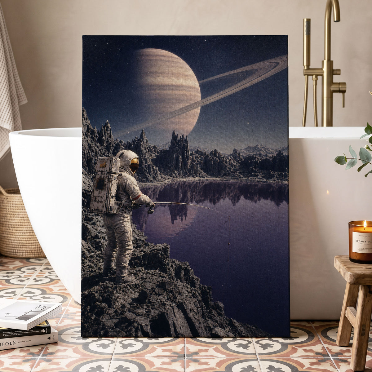 The Cosmic Angler, blue, gray, beige abstract wall art displayed in a styled interior, gallery view 3