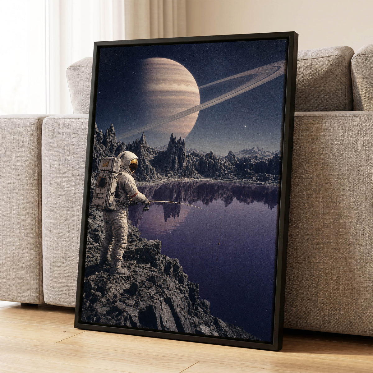 The Cosmic Angler, blue, gray, beige abstract wall art displayed in a styled interior, gallery view 4