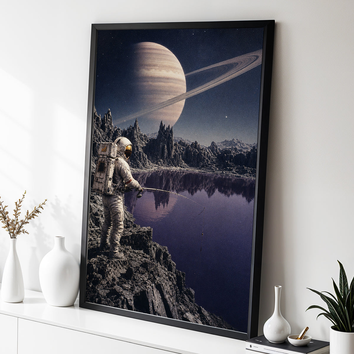 The Cosmic Angler, blue, gray, beige abstract wall art displayed in a styled interior, gallery view 6