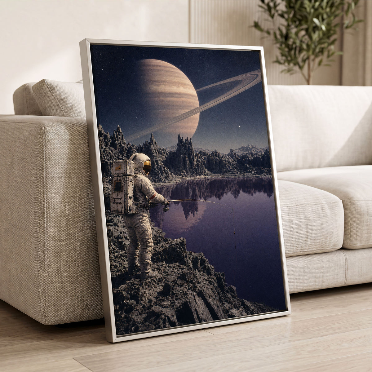 The Cosmic Angler, blue, gray, beige abstract wall art displayed in a styled interior, gallery view 8
