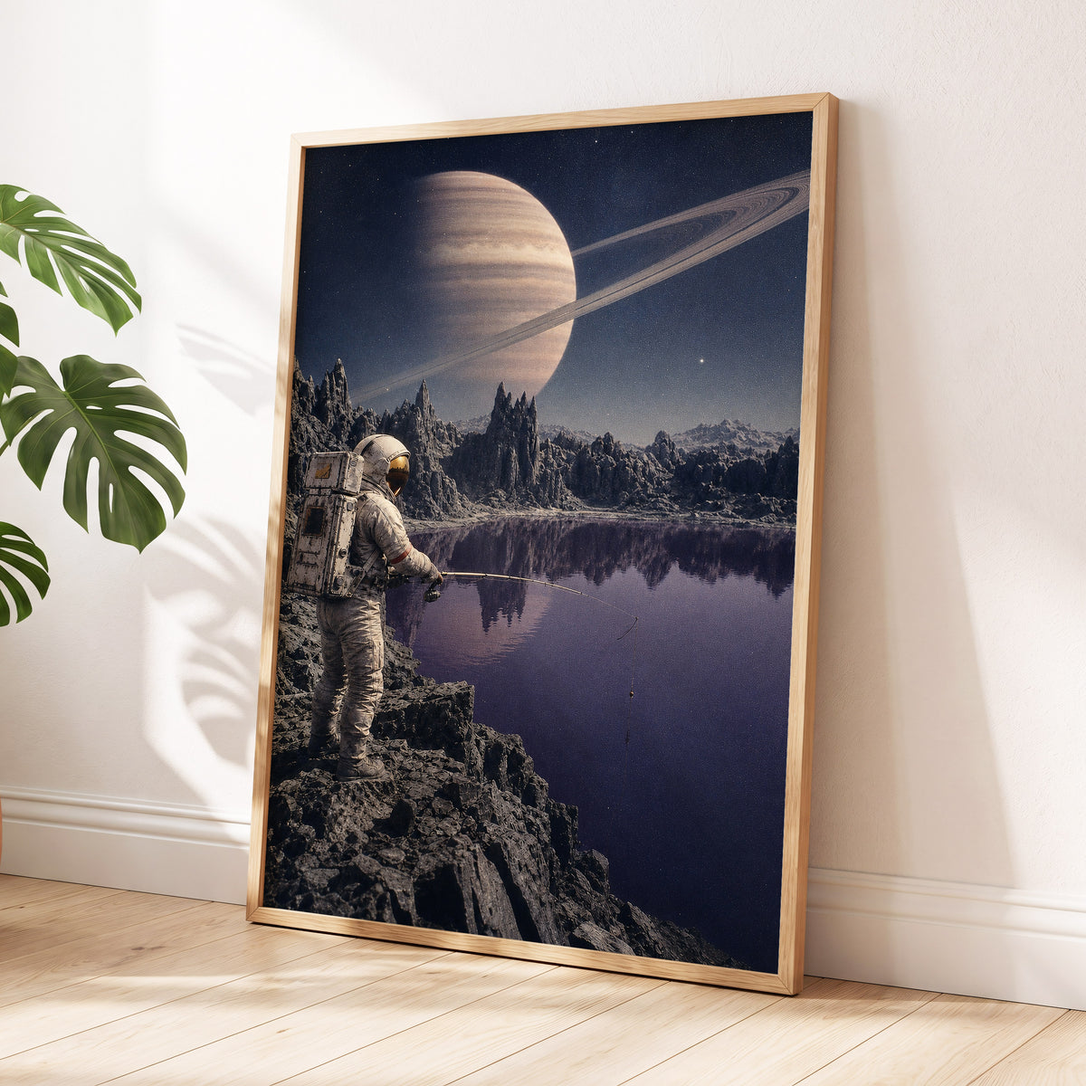 The Cosmic Angler, blue, gray, beige abstract wall art displayed in a styled interior, gallery view 9