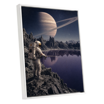 The Cosmic Angler, blue, gray, beige abstract wall art shown as a white framed canvas wall art