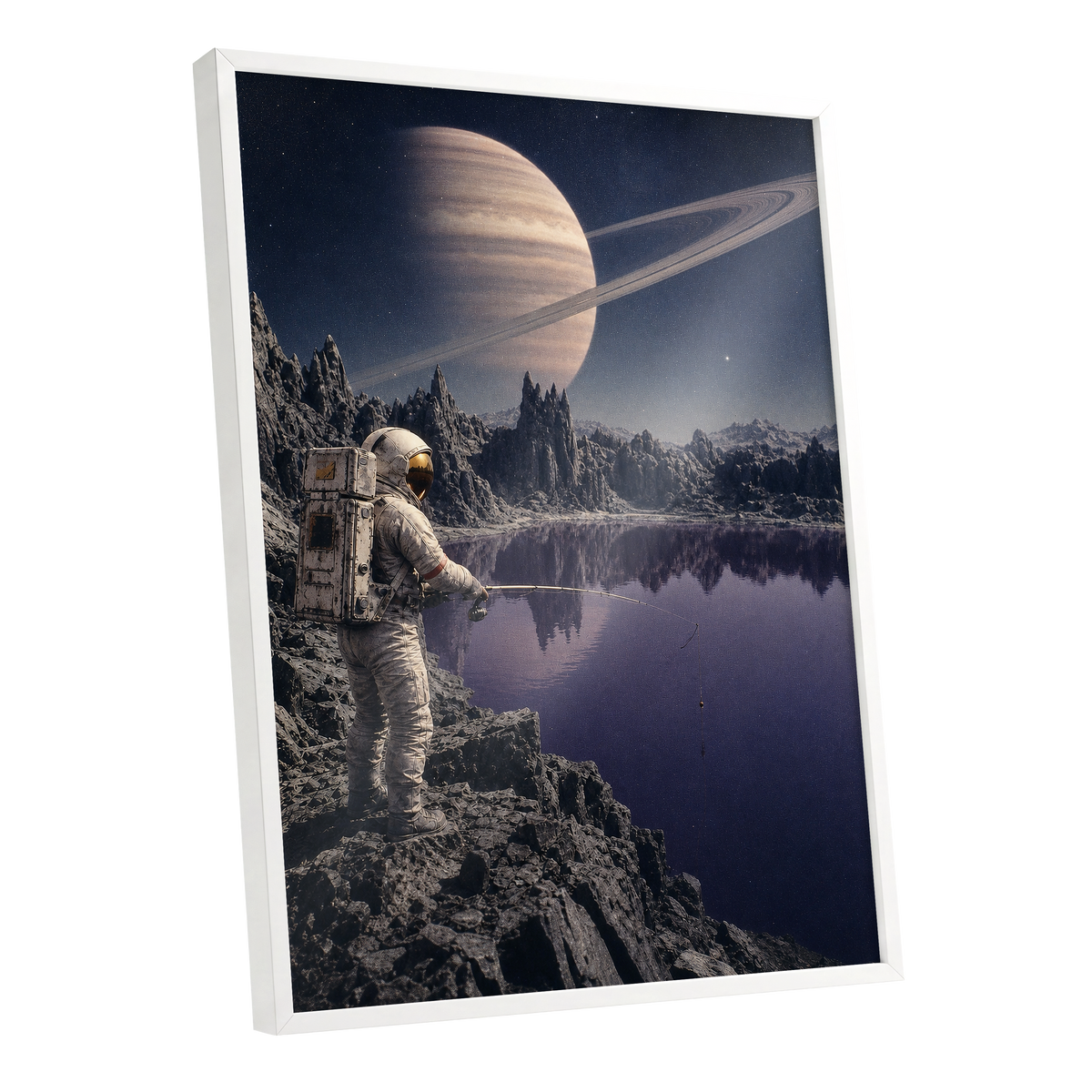 The Cosmic Angler, blue, gray, beige abstract wall art shown as a white framed poster wall art print