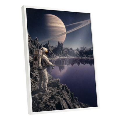 The Cosmic Angler, blue, gray, beige abstract wall art shown as a white framed poster wall art print