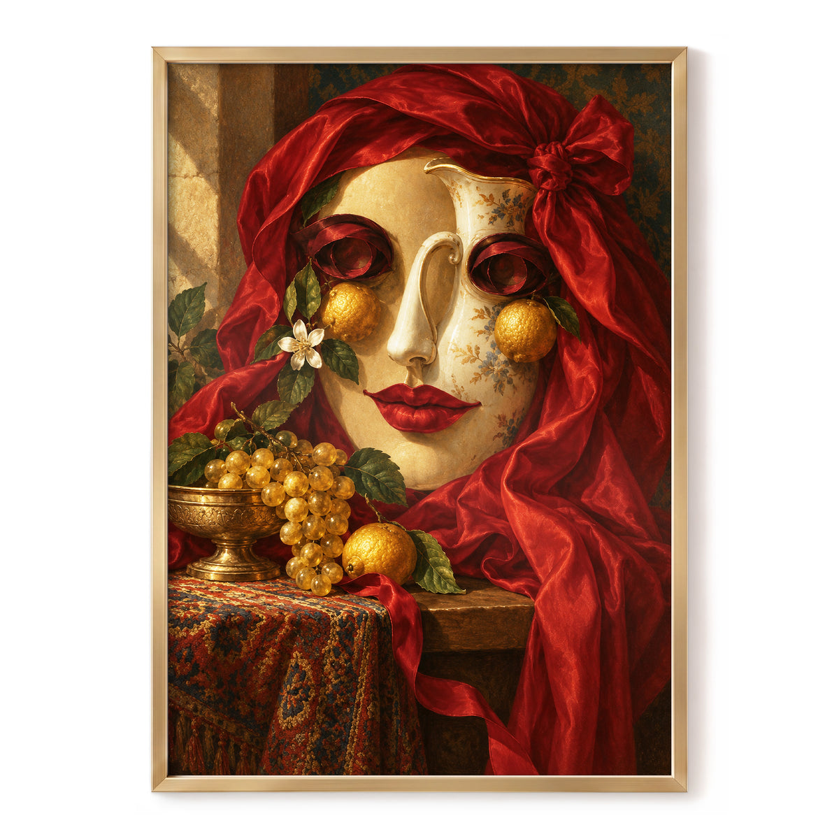 The Crimson Porcelain Muse, red, gold, beige abstract wall art, front artwork view