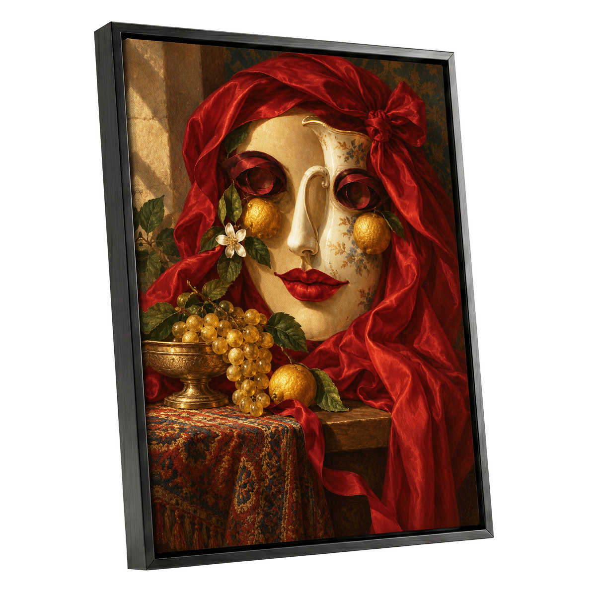 The Crimson Porcelain Muse, red, gold, beige abstract wall art shown as a black framed canvas wall art