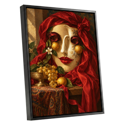 The Crimson Porcelain Muse, red, gold, beige abstract wall art shown as a black framed canvas wall art