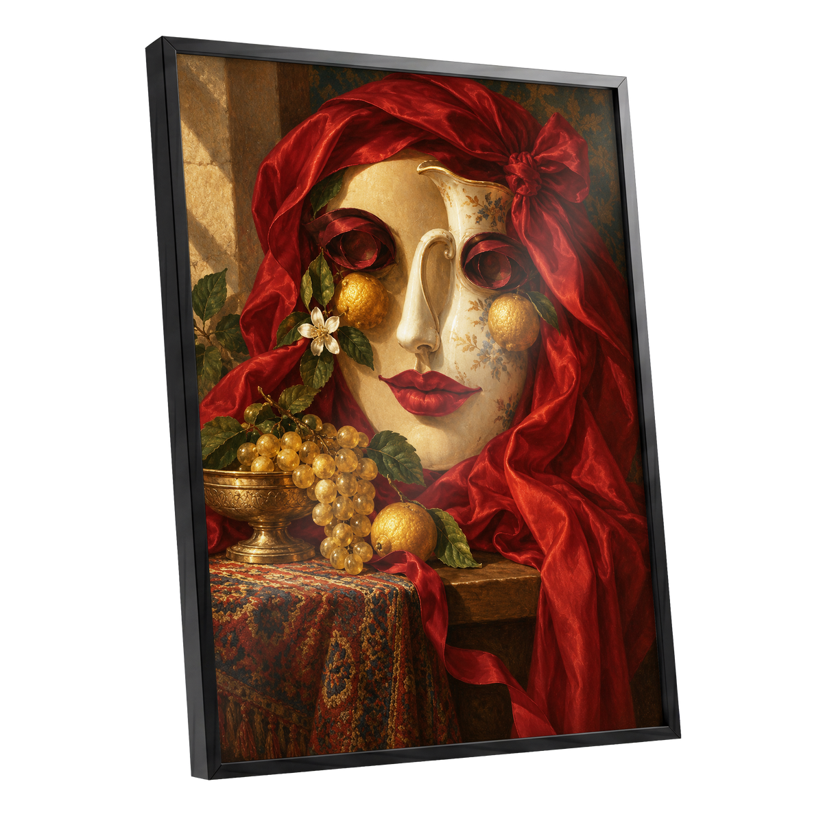 The Crimson Porcelain Muse, red, gold, beige abstract wall art shown as a black framed poster wall art print