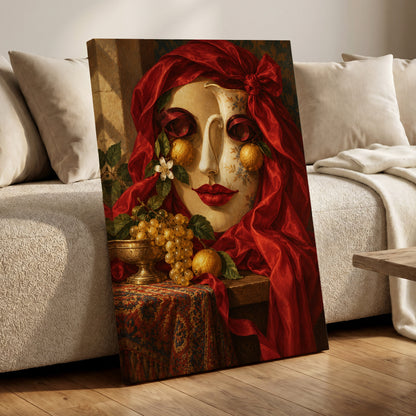 The Crimson Porcelain Muse, red, gold, beige abstract wall art on canvas displayed in a styled interior, gallery view 1