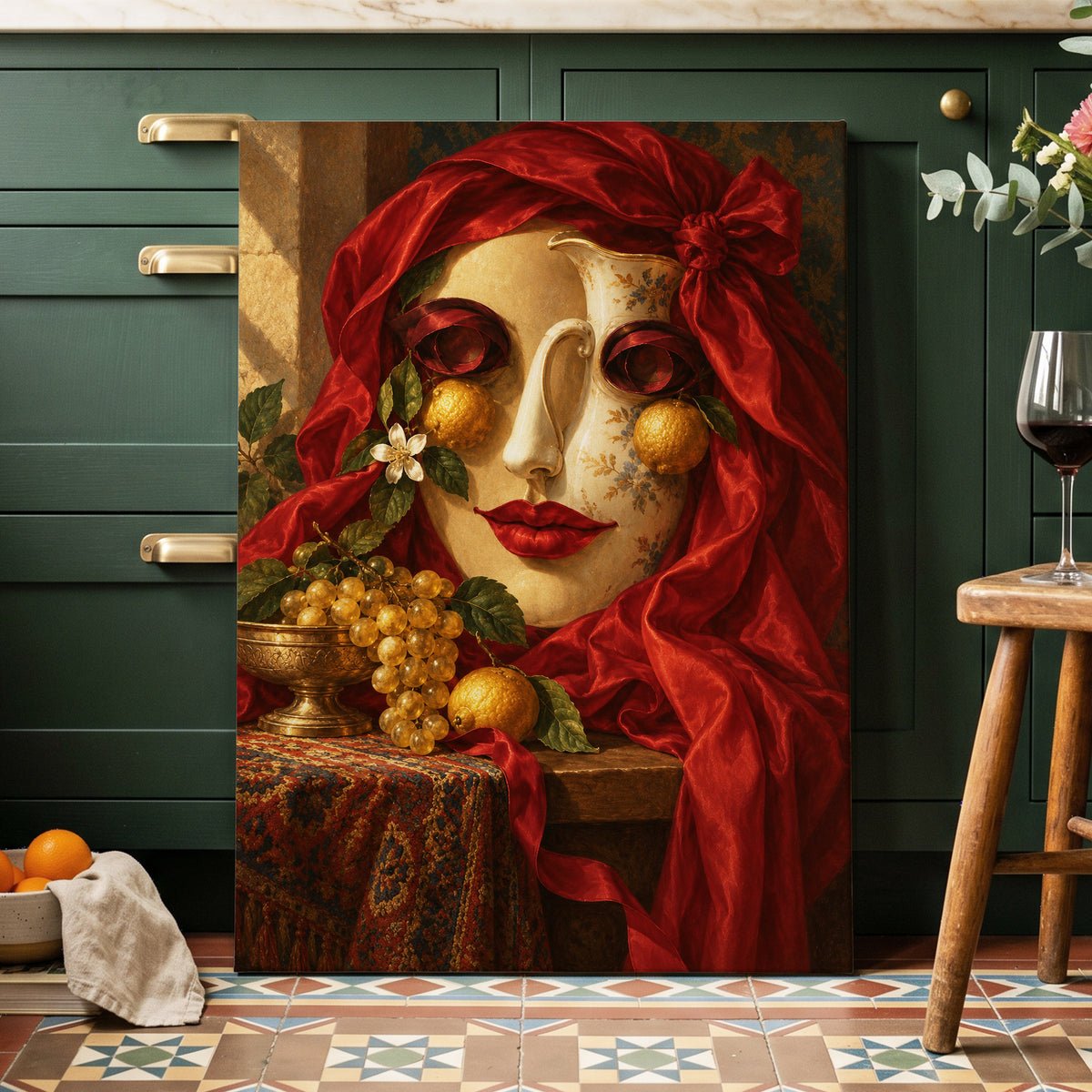 The Crimson Porcelain Muse, red, gold, beige abstract wall art on canvas displayed in a styled interior, gallery view 2