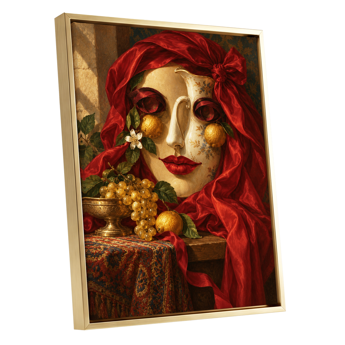 The Crimson Porcelain Muse, red, gold, beige abstract wall art shown as a gold framed canvas wall art